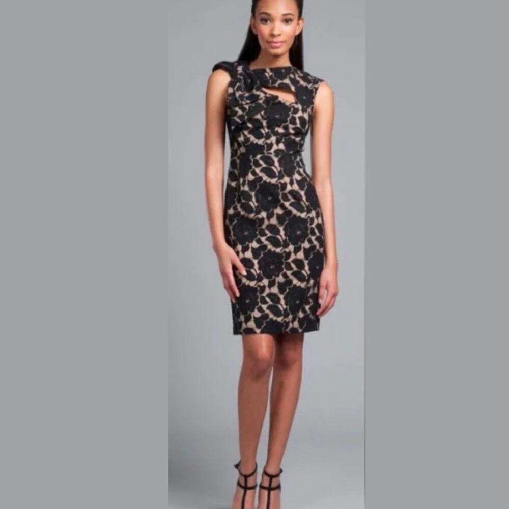 Tracy Reese Black Lace Bow Shift Dress Nude with Black Lace Overlay | 4